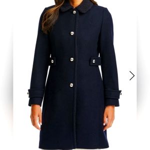 Kate Spade Midnight Navy high pile fleece trim wool blend coat